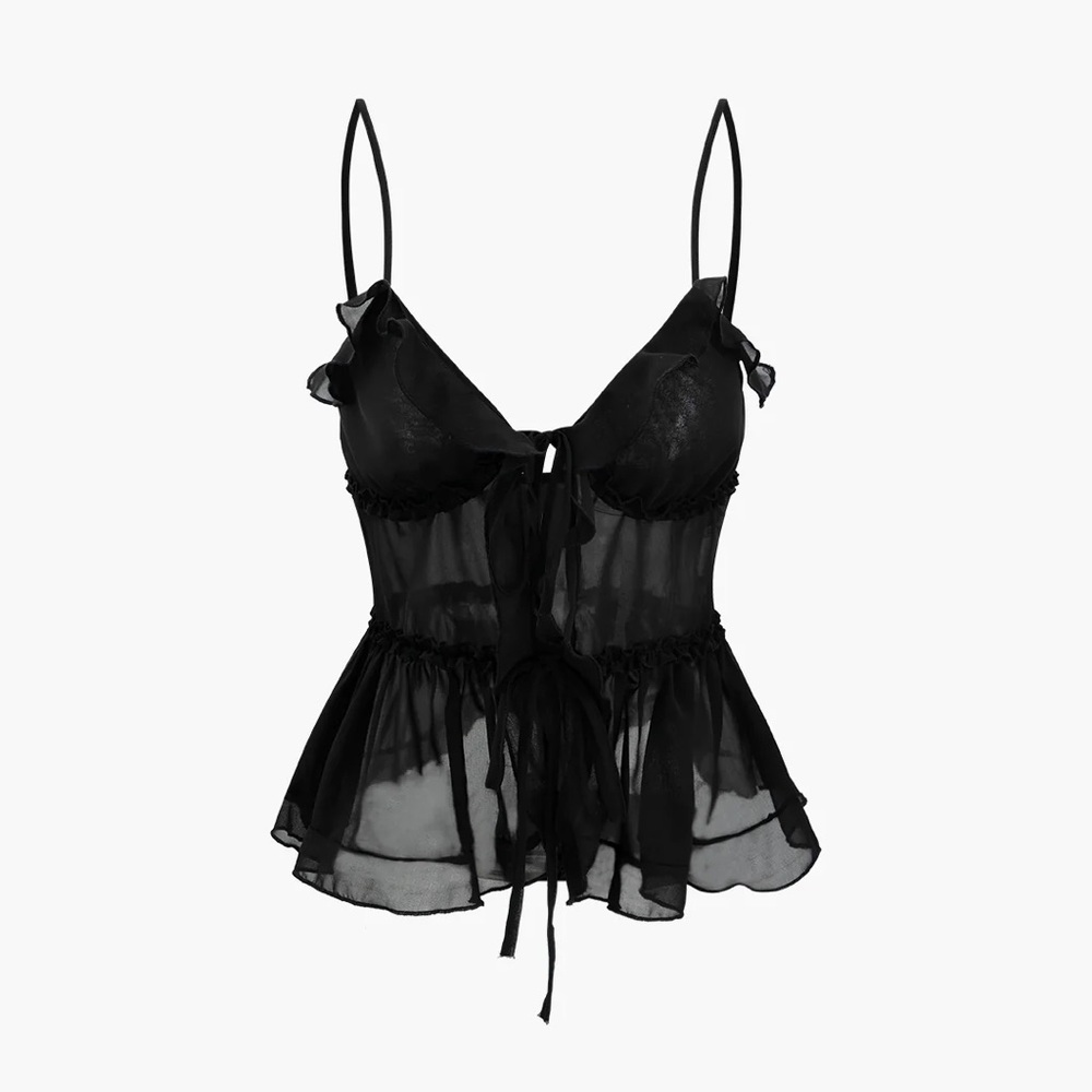 Tie Front Sheer Ruffle Cami Top